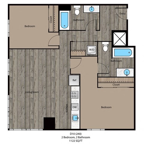 Floor plan for 2 beds, 2 baths, 1122 sqft
